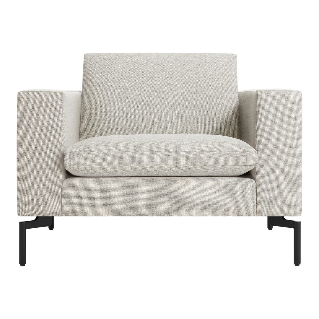 Light gray textured fabric armchair with minimalist black metal legs, perfect for modern interiors.