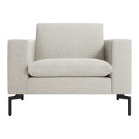 Light gray textured fabric armchair with minimalist black metal legs, perfect for modern interiors.