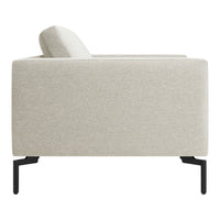 Light beige fabric sofa with subtle texture, complemented by sleek black metal legs. Modern and minimalist design.