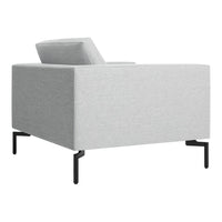 Light grey upholstered armchair with a textured pattern and black metal legs, adding modern elegance to any space.