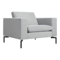 Gray textured armchair with sleek black metal legs, offering a modern look for any living space.