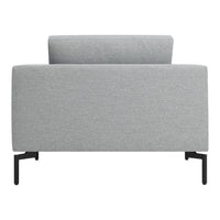Gray upholstered armchair with a textured fabric and minimalist black metal legs. Modern and stylish design.