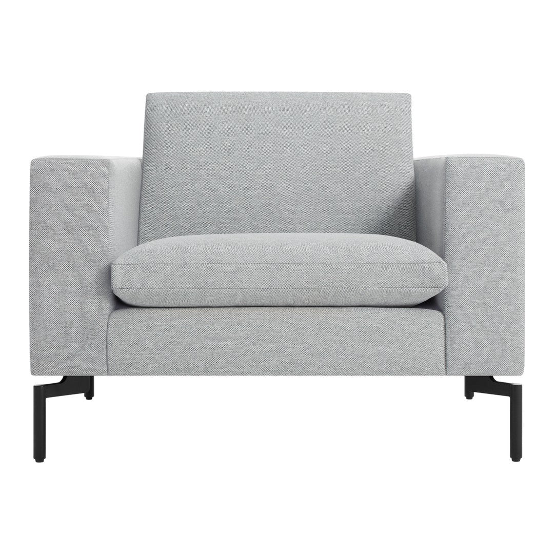 Gray upholstered chair with a sleek, modern design and textured pattern, featuring matte black metal legs.