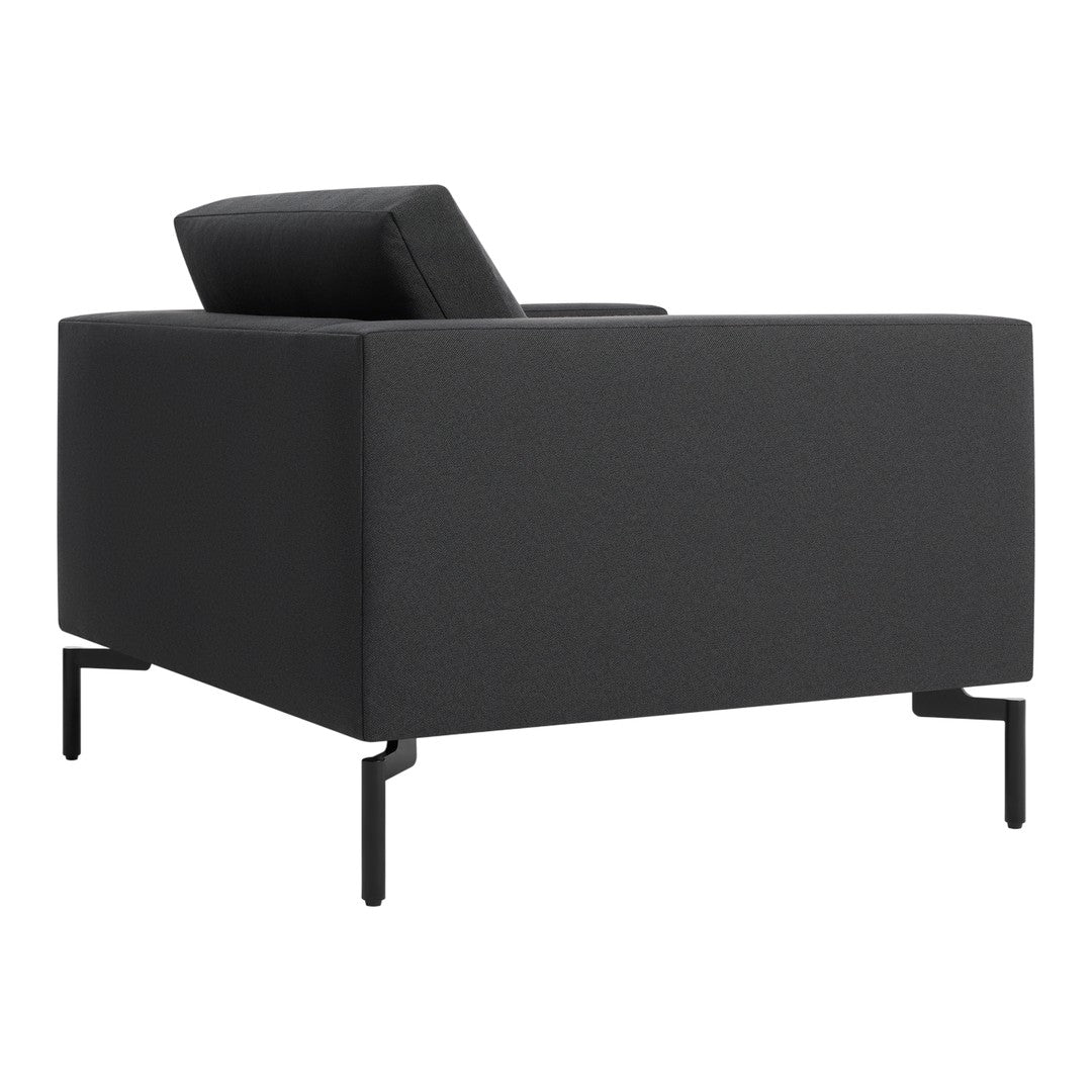Modern black armchair with a sleek, textured fabric and minimalist black metal legs. Perfect for contemporary spaces.