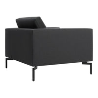 Modern black armchair with a sleek, textured fabric and minimalist black metal legs. Perfect for contemporary spaces.