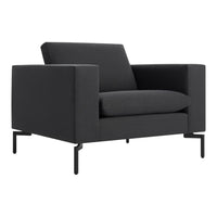 Modern black armchair with a textured upholstery and sleek metal legs, featuring a minimalist design.