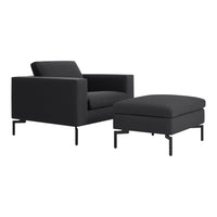 Sleek black armchair and ottoman with contemporary design and textured upholstery, perfect for modern spaces.