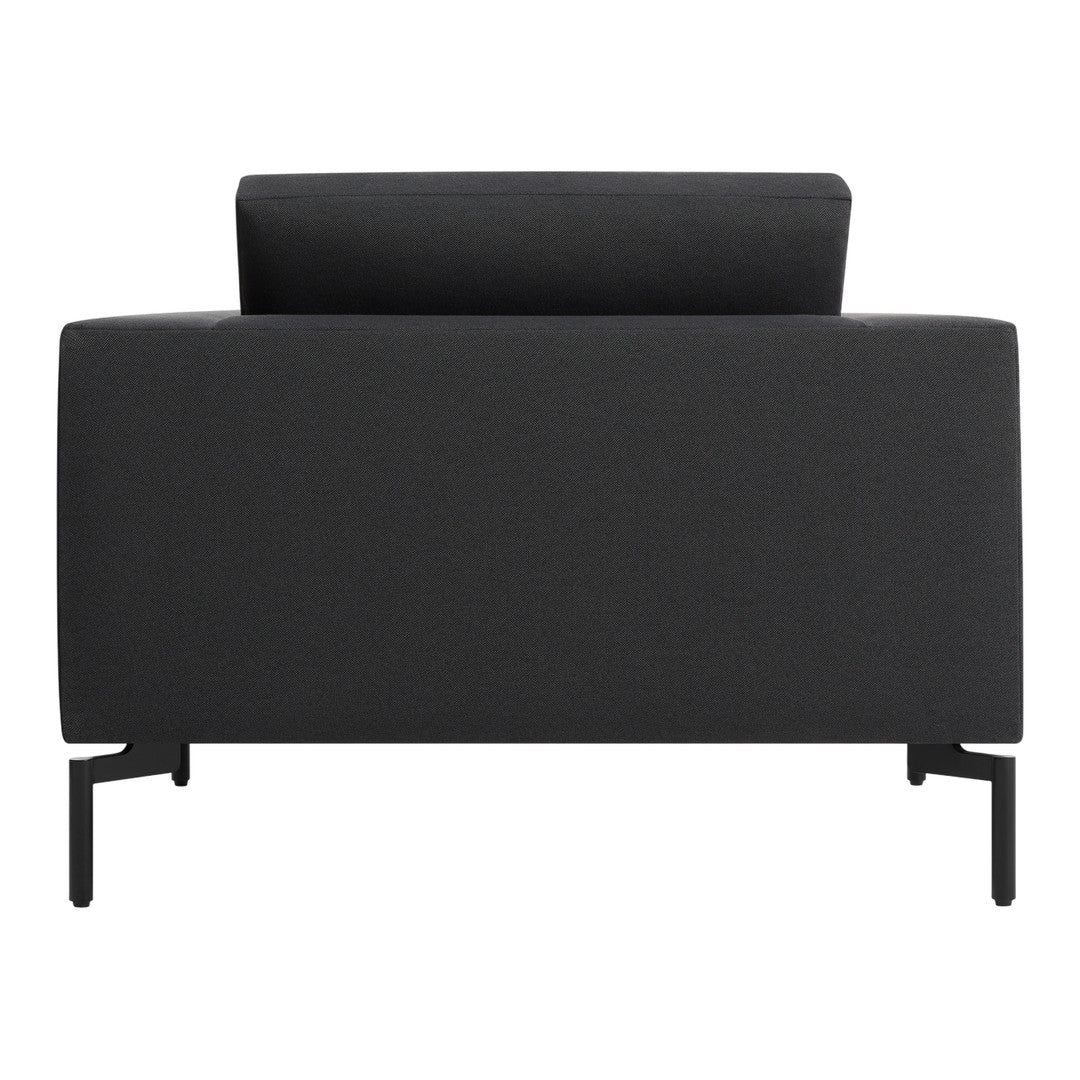 Sleek black sofa with a minimalist design, featuring a textured fabric and straight lines. Perfect for modern decor.