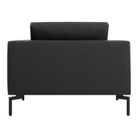 Sleek black sofa with a minimalist design, featuring a textured fabric and straight lines. Perfect for modern decor.