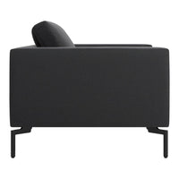 Modern black sofa with a sleek, textured fabric and minimalist design, featuring a supportive backrest.