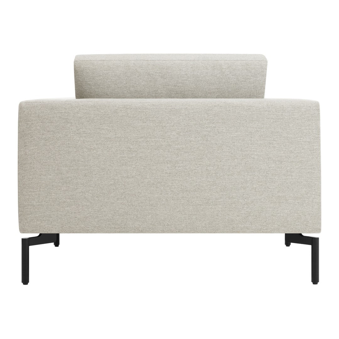 Light gray fabric sofa with a subtle textured pattern and sleek black metal legs.