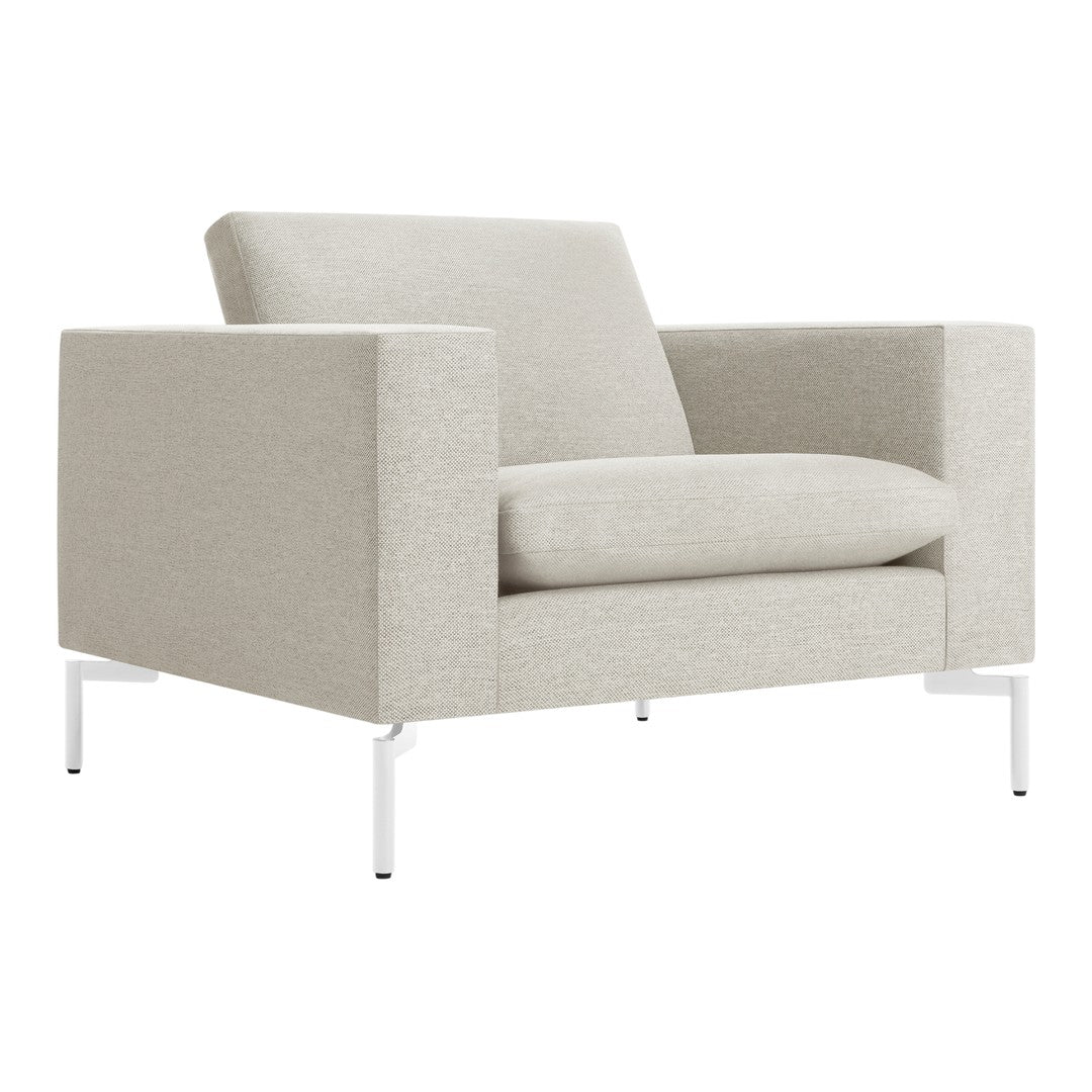 Light beige textured fabric armchair with clean lines and white metal legs, perfect for modern decor.