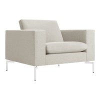 Light beige textured fabric armchair with clean lines and white metal legs, perfect for modern decor.