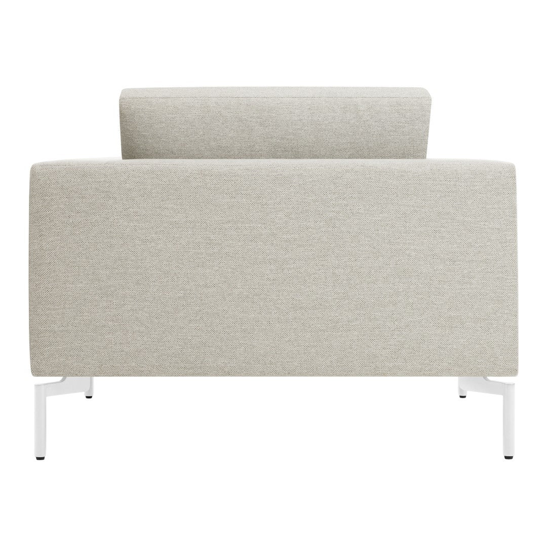 Light gray textured fabric sofa with minimalist white metal legs, featuring a simple and modern design.
