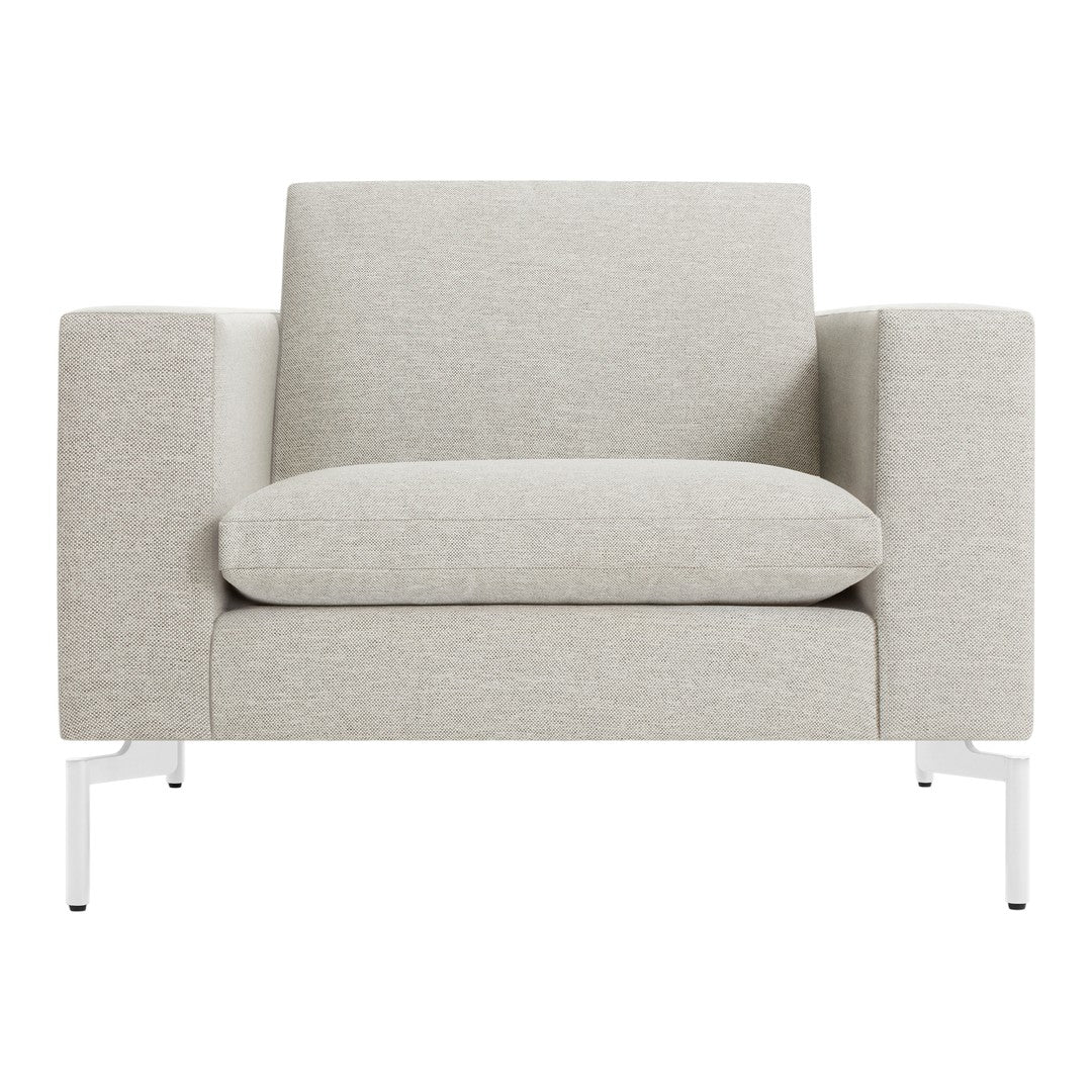 Light gray upholstery with a textured pattern and white metal legs, offering a modern, minimalist style.