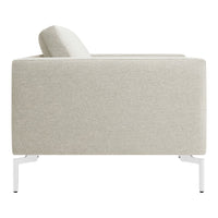 Light beige upholstered sofa with a subtle textured pattern, featuring sleek white legs. Perfect modern decor accent.