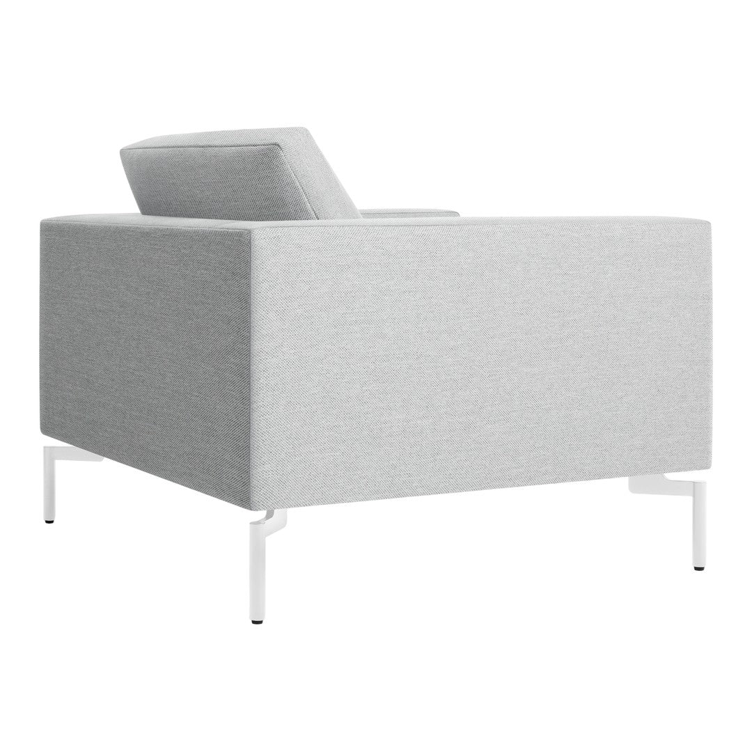 Light gray textured upholstery with minimalist design and sleek white legs. Modern, stylish accent for any room.
