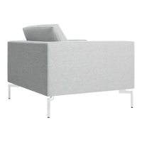 Light gray textured upholstery with minimalist design and sleek white legs. Modern, stylish accent for any room.