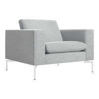 Light gray armchair with a subtle textured pattern and white metal legs, perfect for modern decor.