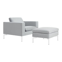 Light gray armchair and ottoman set with minimalistic white metal legs, featuring a textured fabric pattern.