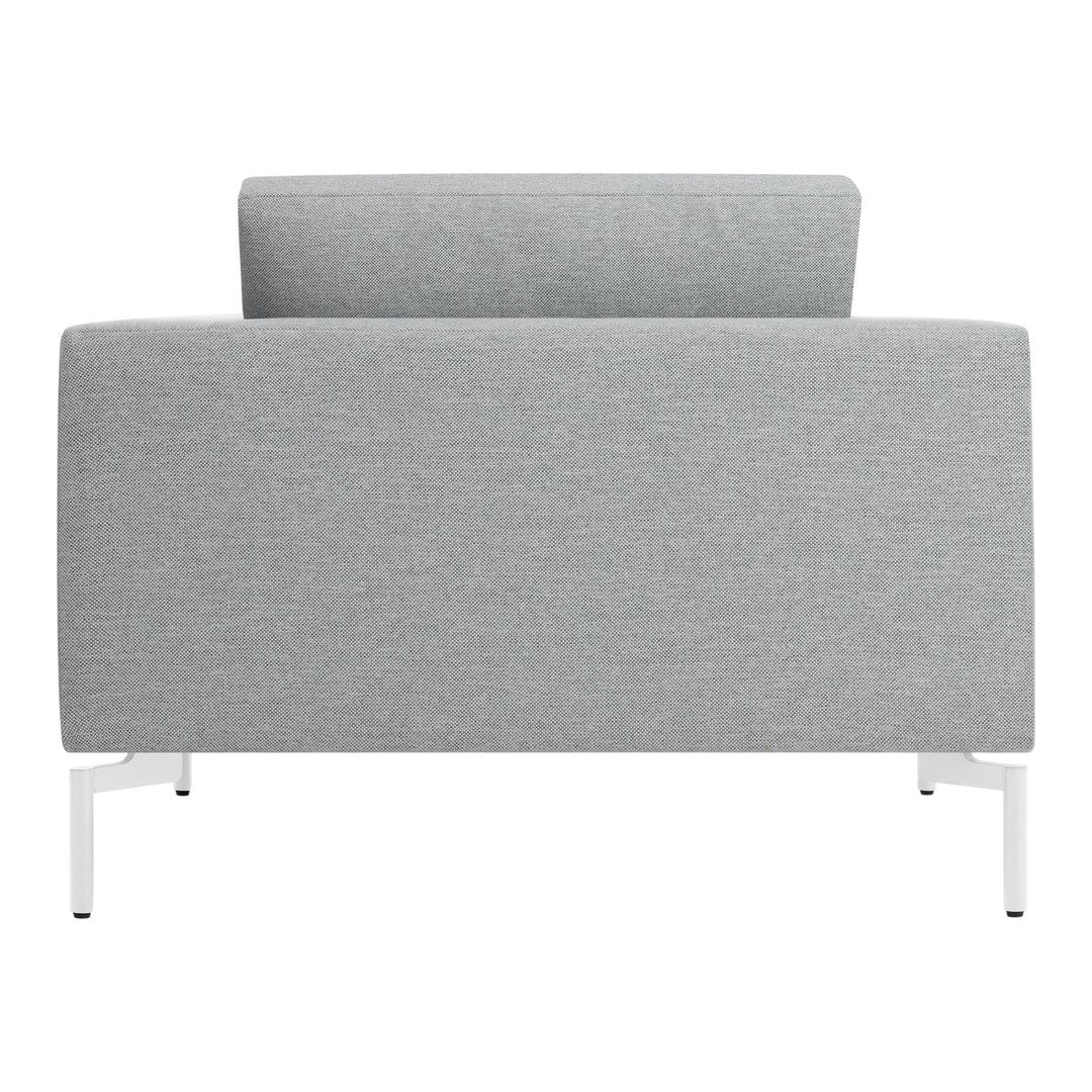 Gray fabric upholstered armchair with a minimalist design and a sleek white metal frame.