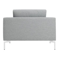 Gray fabric upholstered armchair with a minimalist design and a sleek white metal frame.