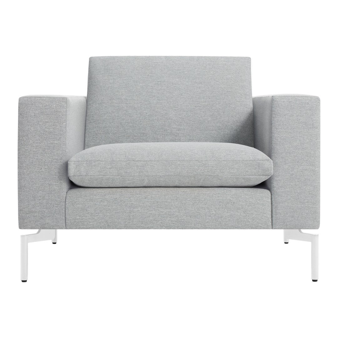 Gray fabric armchair with a textured pattern and white metal legs, offering a contemporary minimalist design.