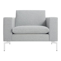 Gray fabric armchair with a textured pattern and white metal legs, offering a contemporary minimalist design.