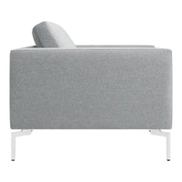 Modern gray upholstered sofa with a textured fabric and sleek white metal legs. Perfect for contemporary decor.