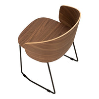 Wooden chair in rich walnut finish with smooth, curved backrest and sleek black metal legs.
