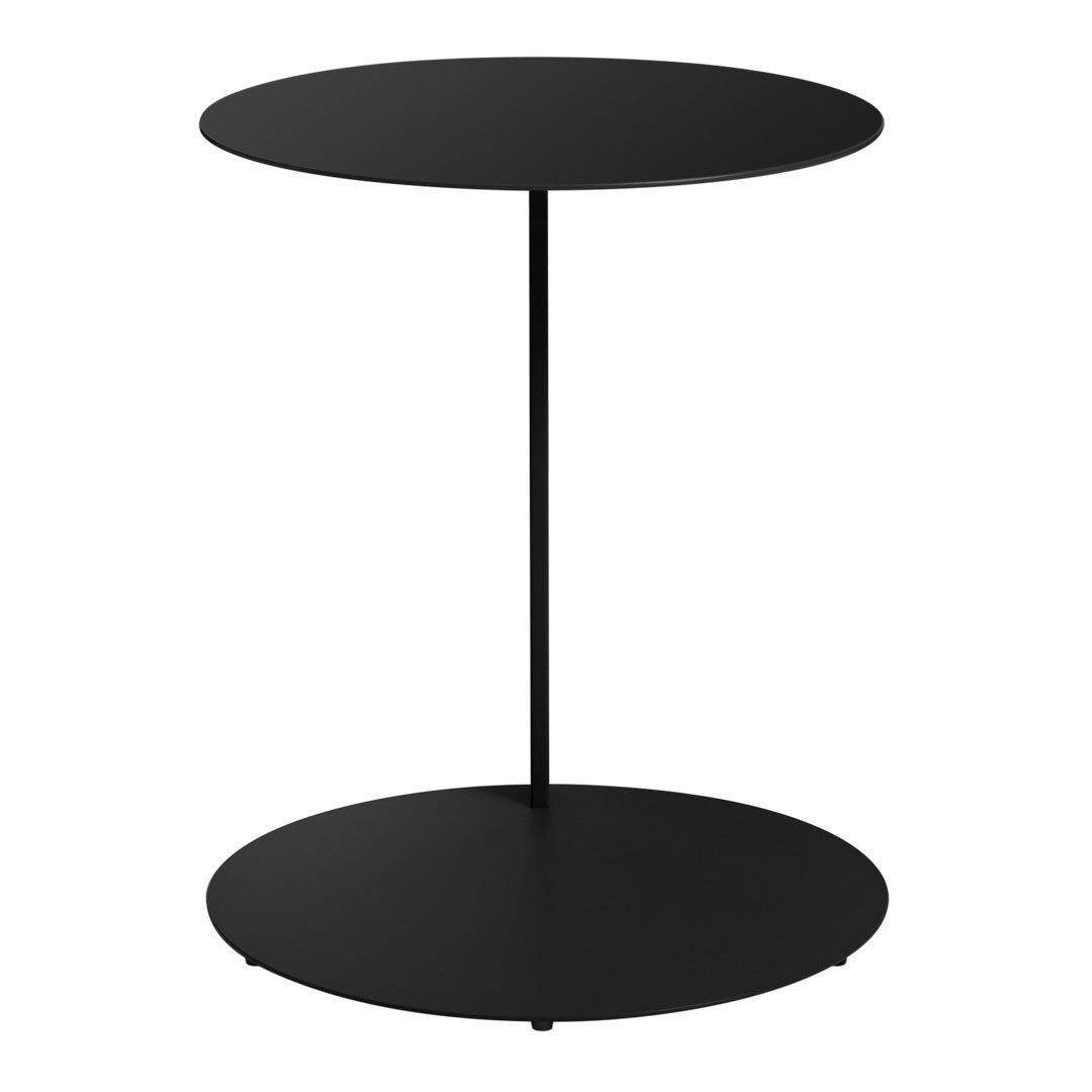 Black round side table with a sleek, minimalist design and smooth matte finish. Perfect for modern decor.