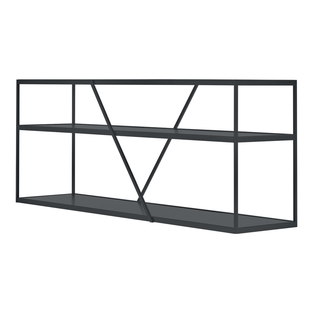 Modern black open shelving unit with geometric patterns and sleek design, perfect for contemporary decor.