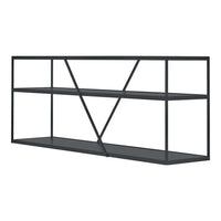 Modern black open shelving unit with geometric patterns and sleek design, perfect for contemporary decor.