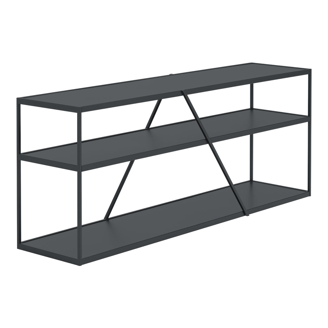 Stylish black metal shelf with three open tiers and geometric design for modern decor. Perfect for minimalistic spaces.