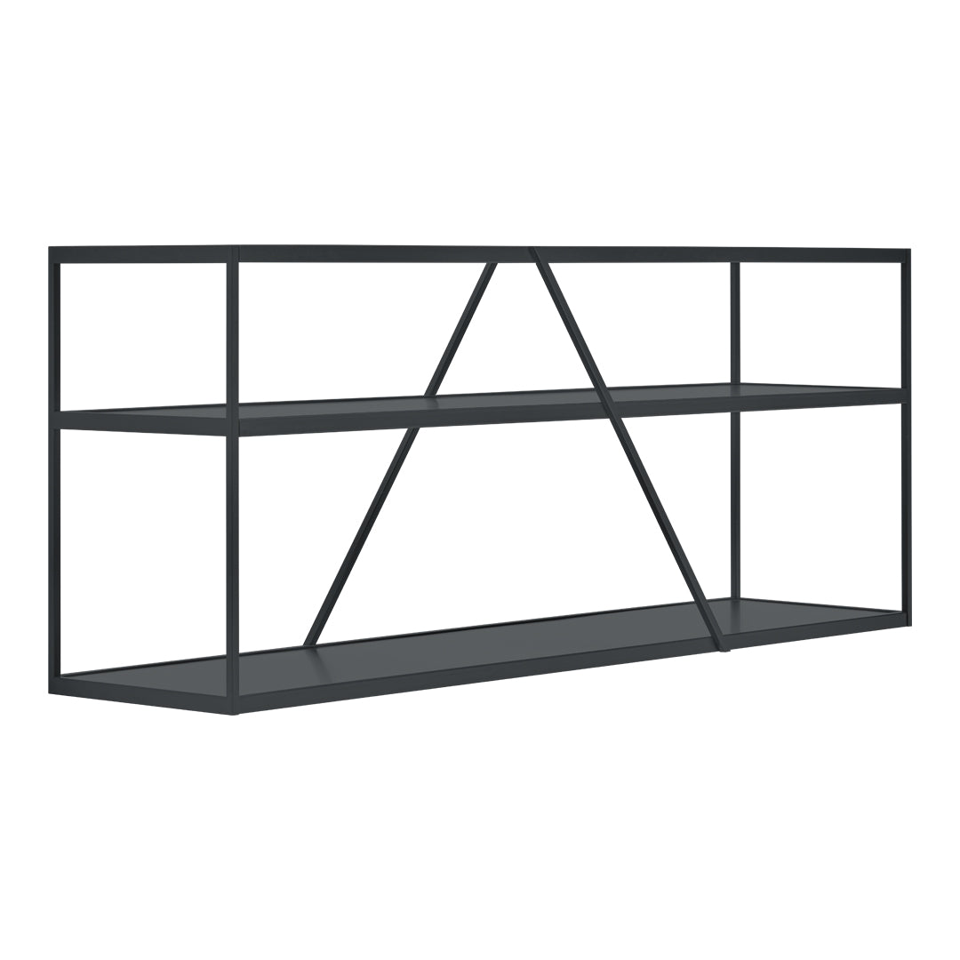 "Modern black metal bookshelf with geometric design and three open shelves."
