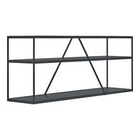 "Modern black metal bookshelf with geometric design and three open shelves."