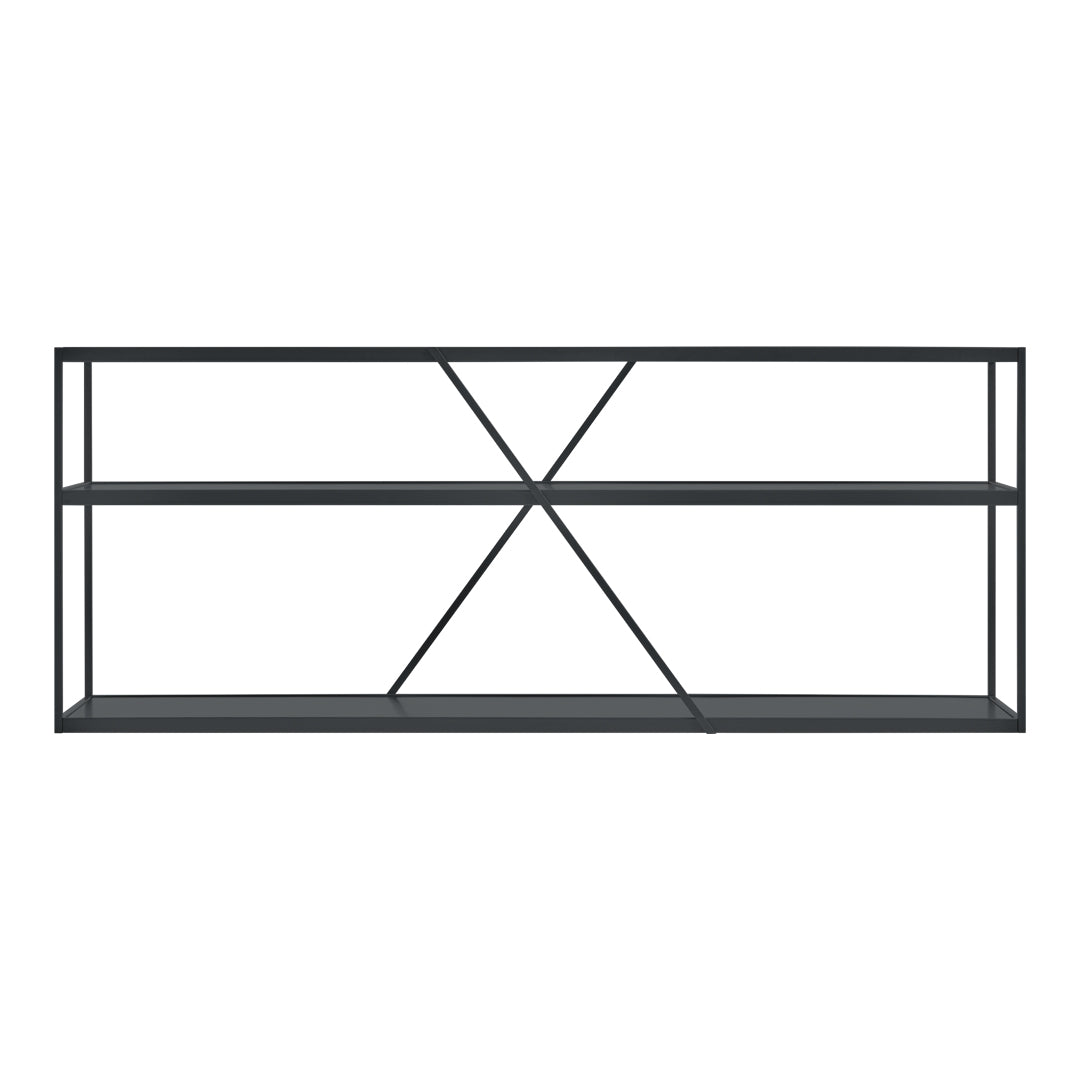 Black metal shelving unit with an open design and geometric cross pattern on the sides.