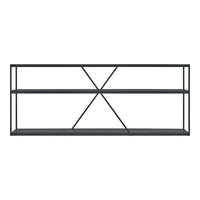 Black metal shelving unit with an open design and geometric cross pattern on the sides.
