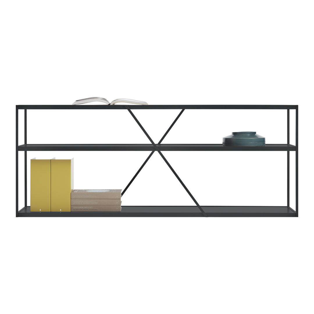 Modern black metal bookshelf with geometric pattern, featuring yellow and blue accents on the shelves.