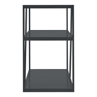 Sleek black metal shelf with minimalist design and clear glass shelves, showcasing a modern industrial style.