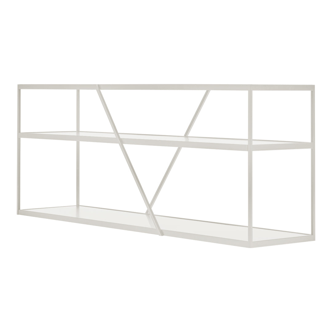 White metal shelving unit with geometric pattern and open design, featuring three distinct shelf levels.