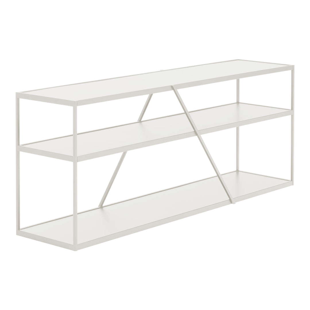Minimalist white shelving unit with clean lines and geometric patterns. Perfect for modern decor.