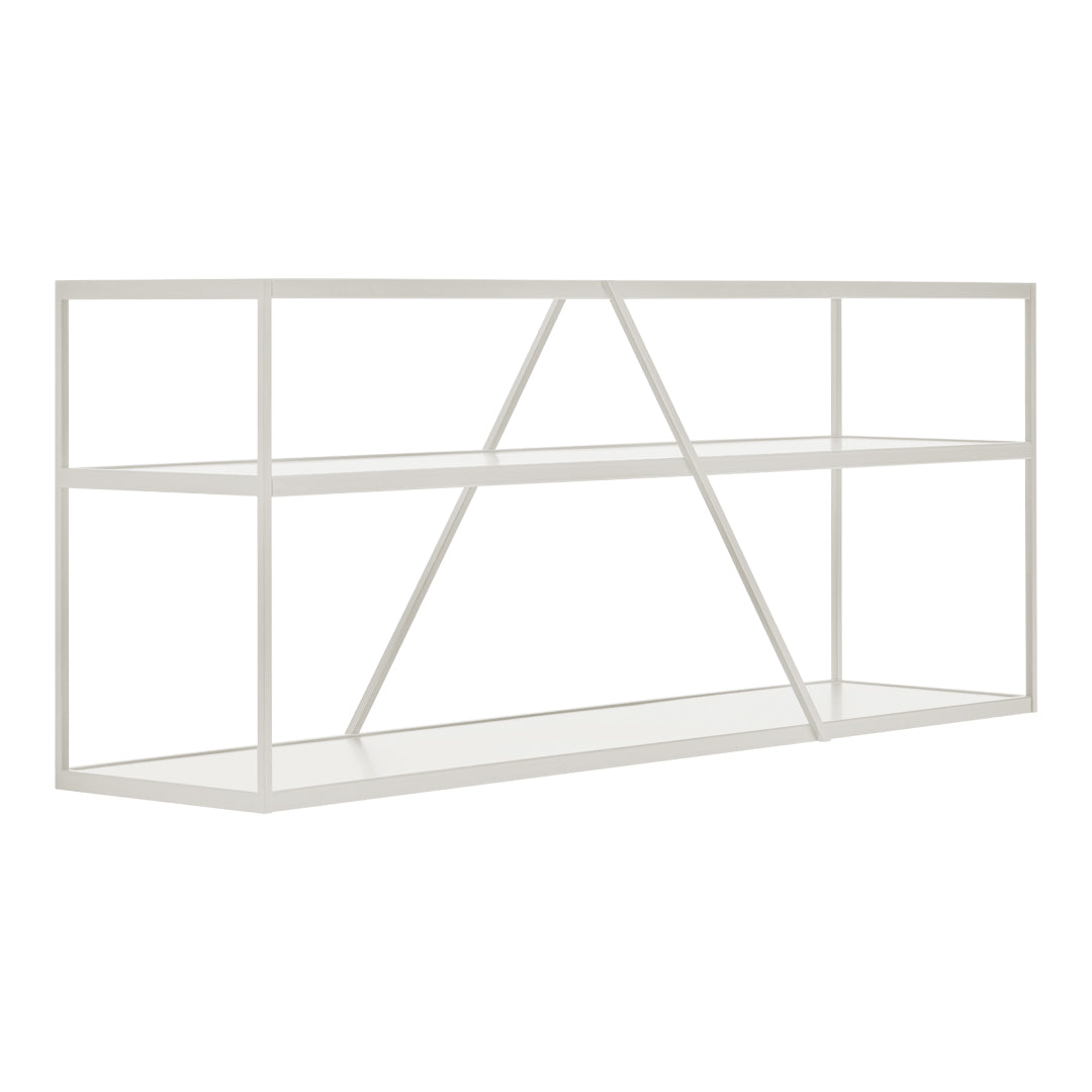 White metal shelf with a sleek, geometric design and open space for display. Minimalist and modern style.