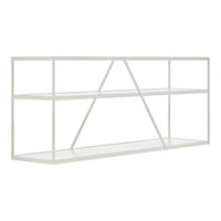 White metal shelf with a sleek, geometric design and open space for display. Minimalist and modern style.