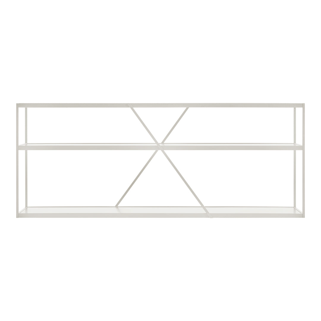 White metal shelving unit with a minimalist design and geometric pattern. Simple and modern aesthetic for any room.