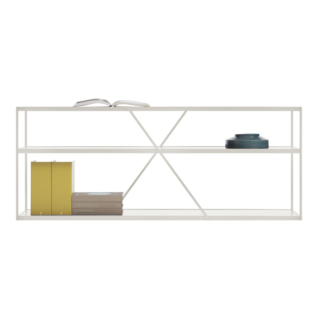 Modern white shelving unit with geometric pattern, featuring yellow, grey, and teal accents. Perfect for contemporary decor.