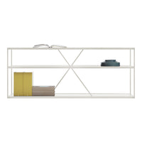 Modern white shelving unit with geometric pattern, featuring yellow, grey, and teal accents. Perfect for contemporary decor.
