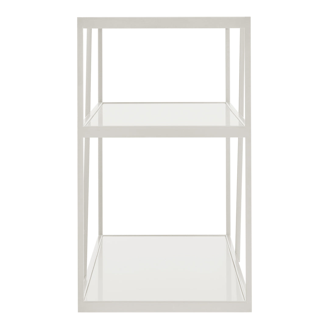 White metal frame shelf with transparent glass shelves, showcasing a sleek, minimalist design. Perfect for modern decor.