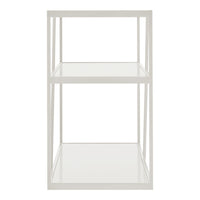White metal frame shelf with transparent glass shelves, showcasing a sleek, minimalist design. Perfect for modern decor.