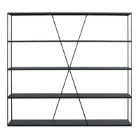 Black metal shelving unit with geometric pattern, featuring open shelves and a minimalist design. Ideal for modern decor.